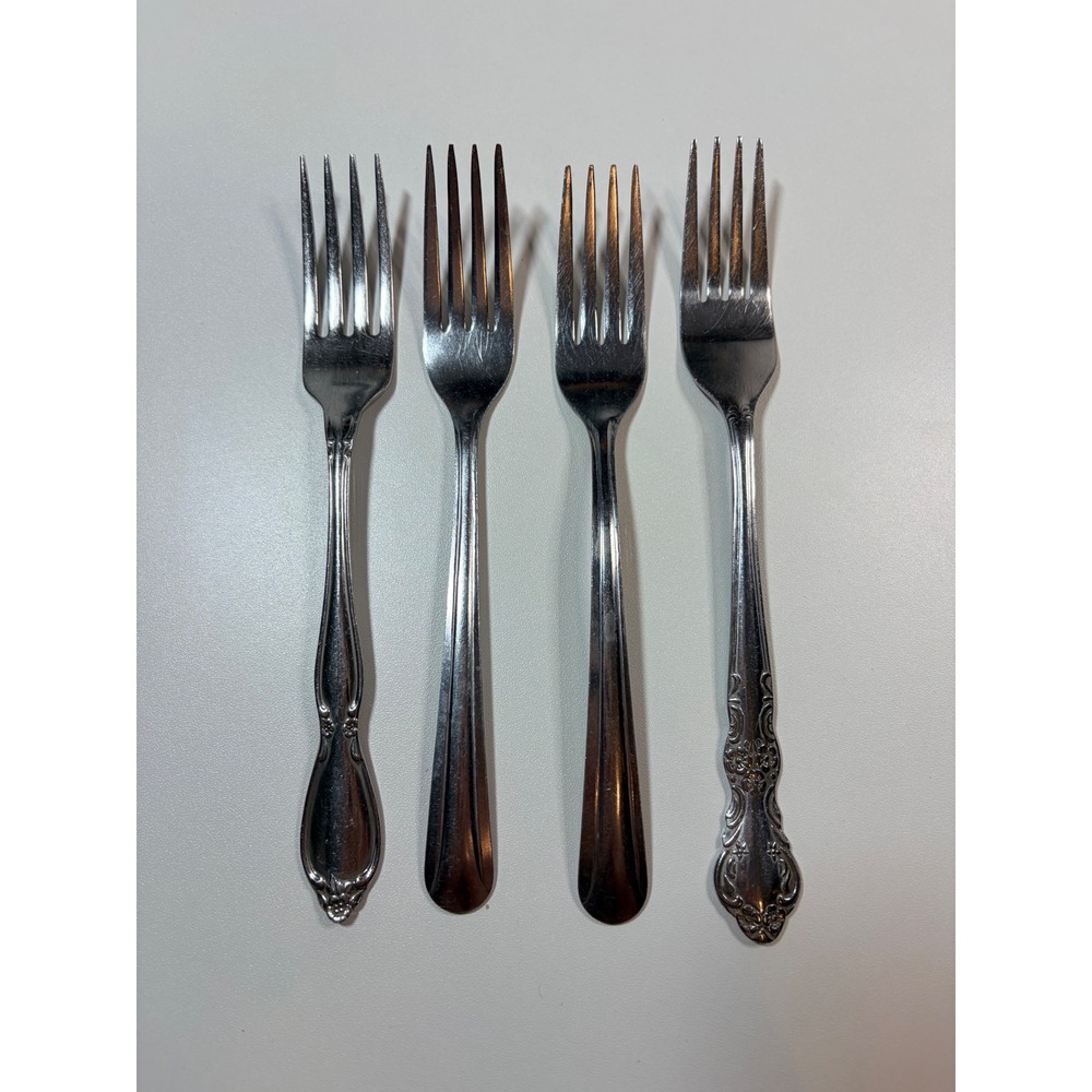 Mixed Stainless Steel Dinner Forks Lot of 4 Oneida Cambridge Walco Floral Ribbed
